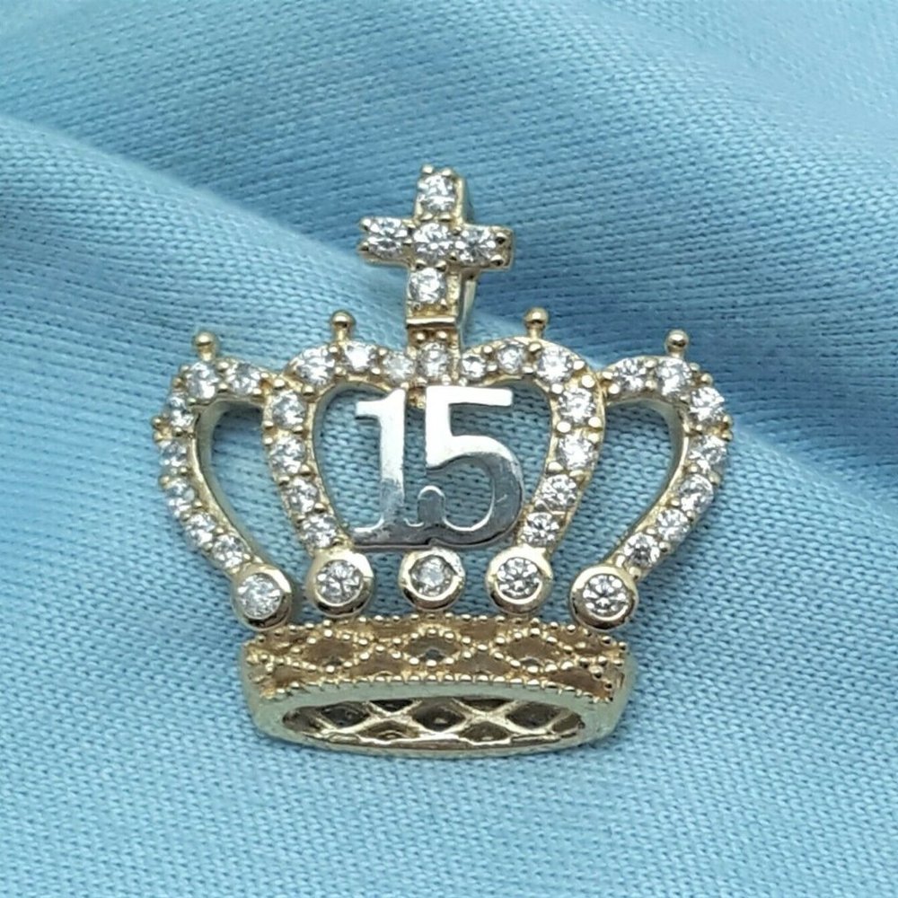 14K Two Tone Multi Tone Cubic Zirconias Quinceanera Crown Tiara 15 Pendant Charm